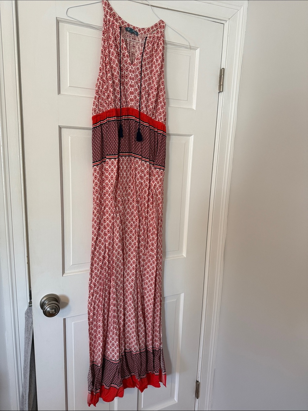 Boho Floral Maxi Dress Size 4 Orange Navy Blue Sleeveless Sundress Women XS